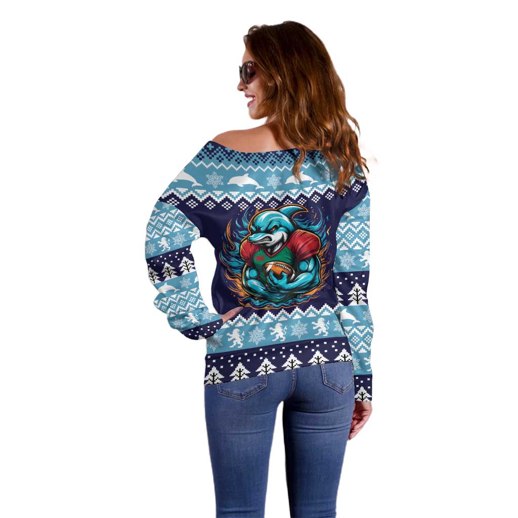 Cardiganshire Wales Christmas Off Shoulder Sweater Cardigan Bay Dolphin Rugby Design - Wonder Print Shop