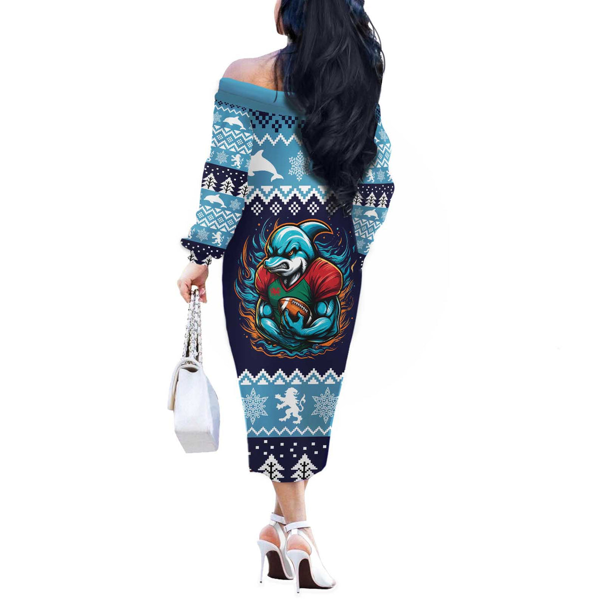 Cardiganshire Wales Christmas Off The Shoulder Long Sleeve Dress Cardigan Bay Dolphin Rugby Design - Wonder Print Shop