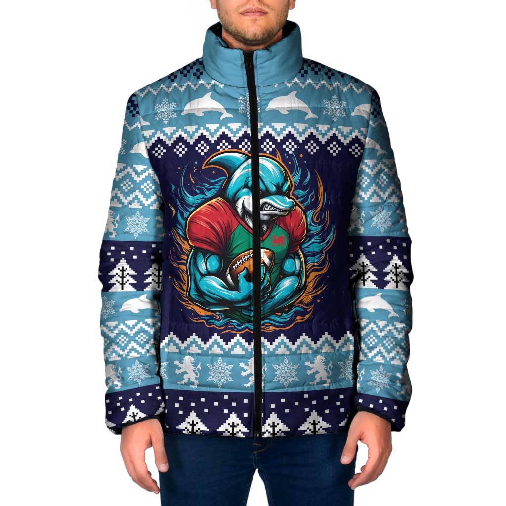 Cardiganshire Wales Christmas Padded Jacket Cardigan Bay Dolphin Rugby Design - Wonder Print Shop