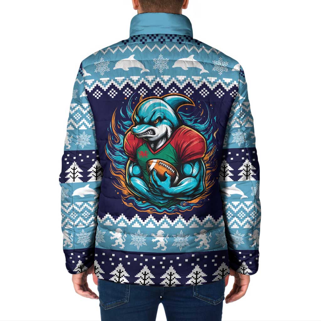 Cardiganshire Wales Christmas Padded Jacket Cardigan Bay Dolphin Rugby Design - Wonder Print Shop