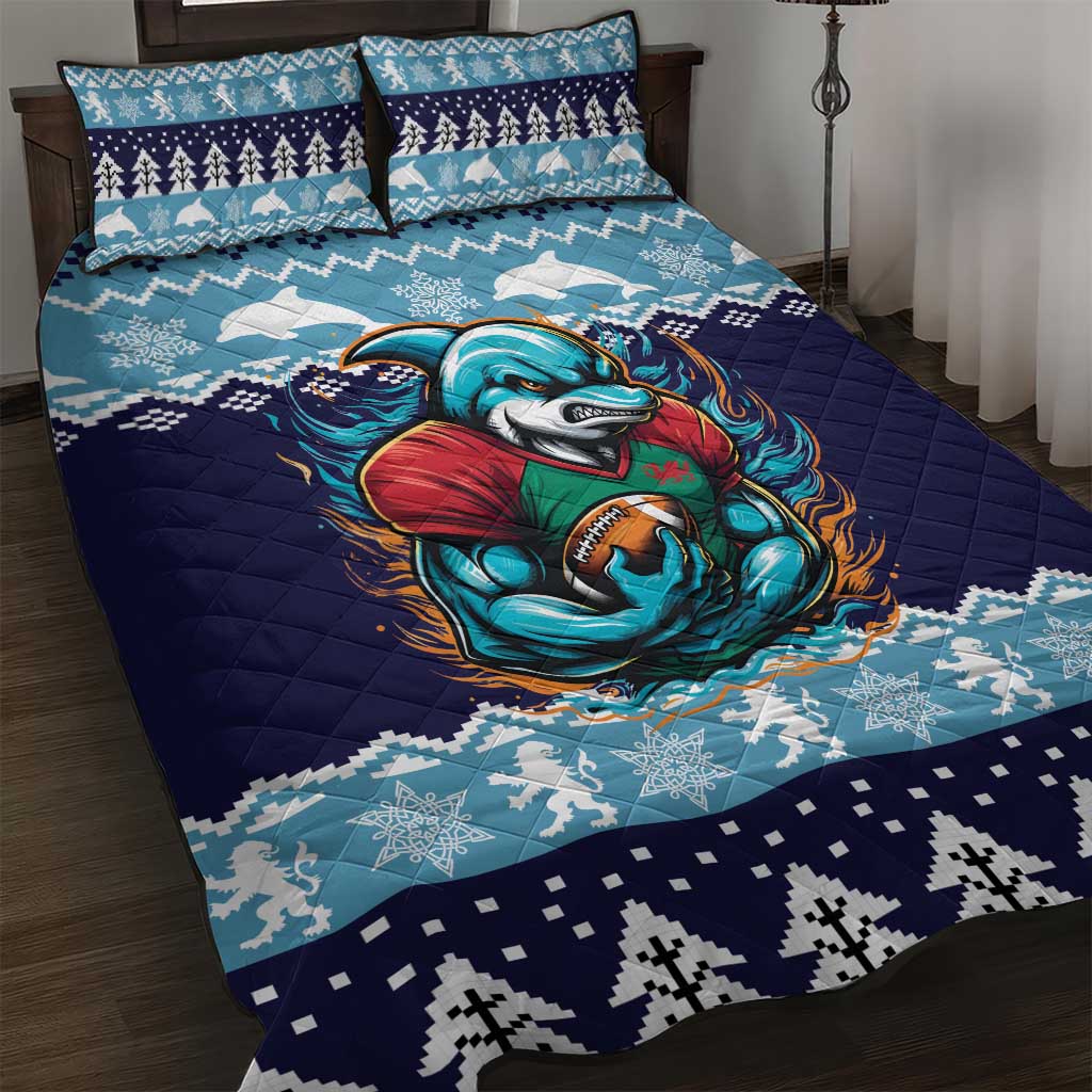 Cardiganshire Wales Christmas Quilt Bed Set Cardigan Bay Dolphin Rugby Design - Wonder Print Shop