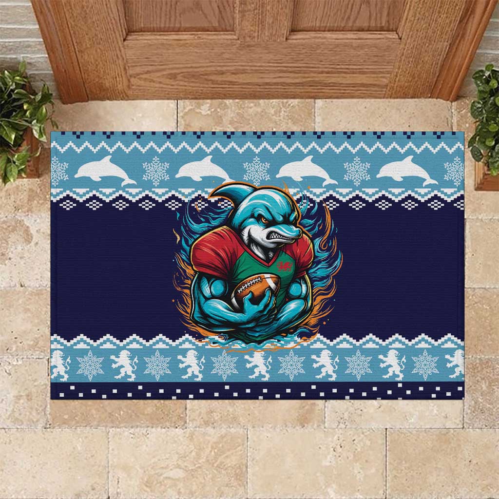 Cardiganshire Wales Christmas Rubber Doormat Cardigan Bay Dolphin Rugby Design - Wonder Print Shop