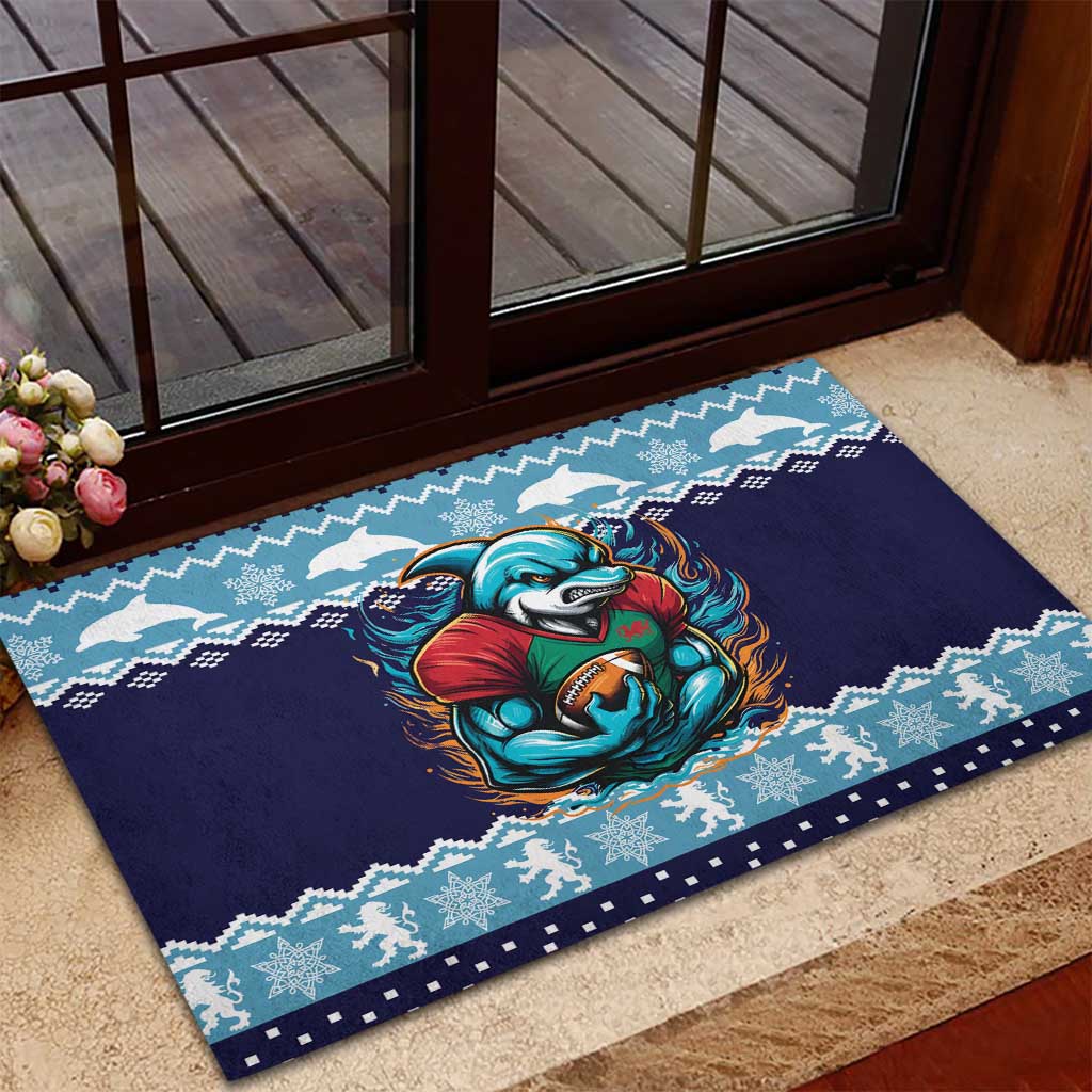 Cardiganshire Wales Christmas Rubber Doormat Cardigan Bay Dolphin Rugby Design - Wonder Print Shop