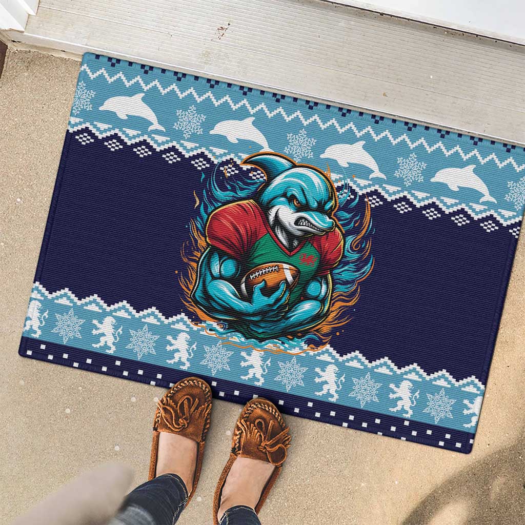 Cardiganshire Wales Christmas Rubber Doormat Cardigan Bay Dolphin Rugby Design - Wonder Print Shop