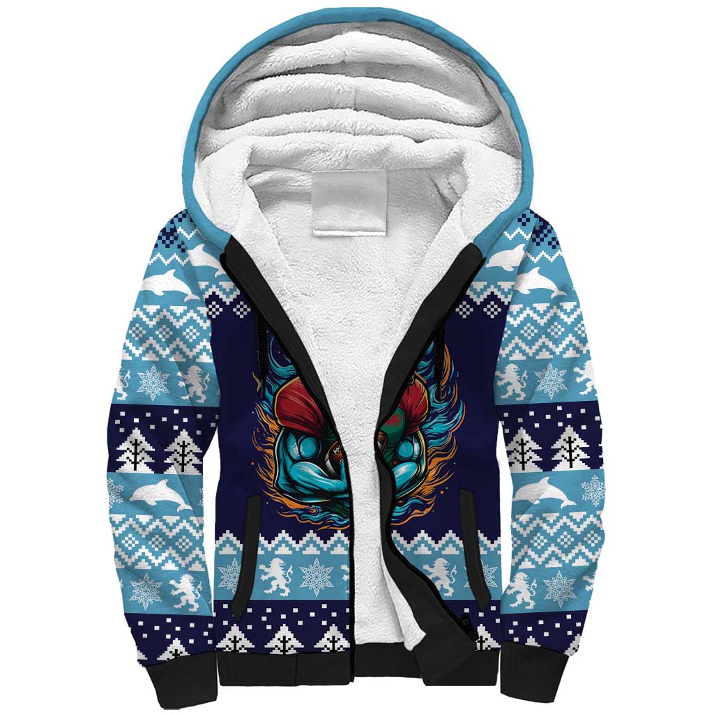 Cardiganshire Wales Christmas Sherpa Hoodie Cardigan Bay Dolphin Rugby Design - Wonder Print Shop