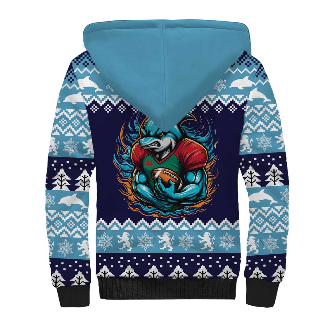 Cardiganshire Wales Christmas Sherpa Hoodie Cardigan Bay Dolphin Rugby Design - Wonder Print Shop