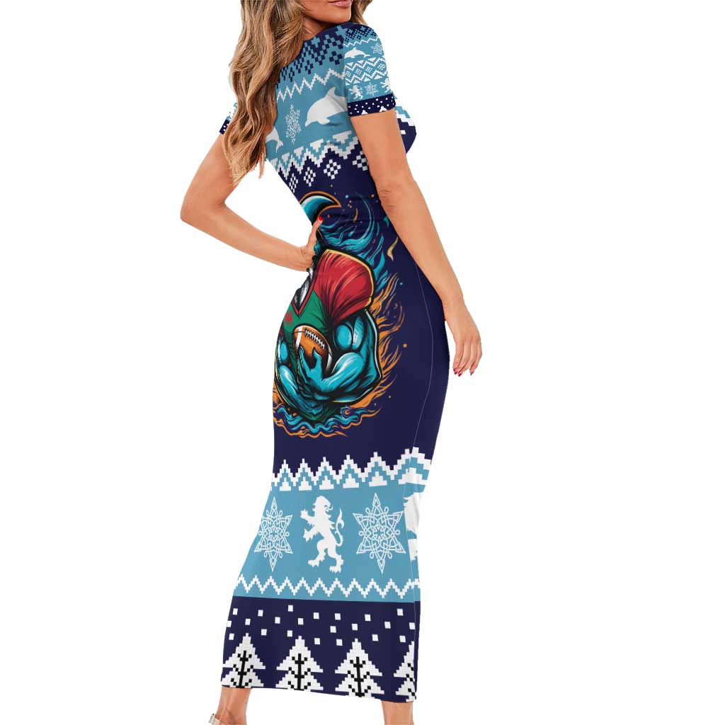 Cardiganshire Wales Christmas Short Sleeve Bodycon Dress Cardigan Bay Dolphin Rugby Design - Wonder Print Shop