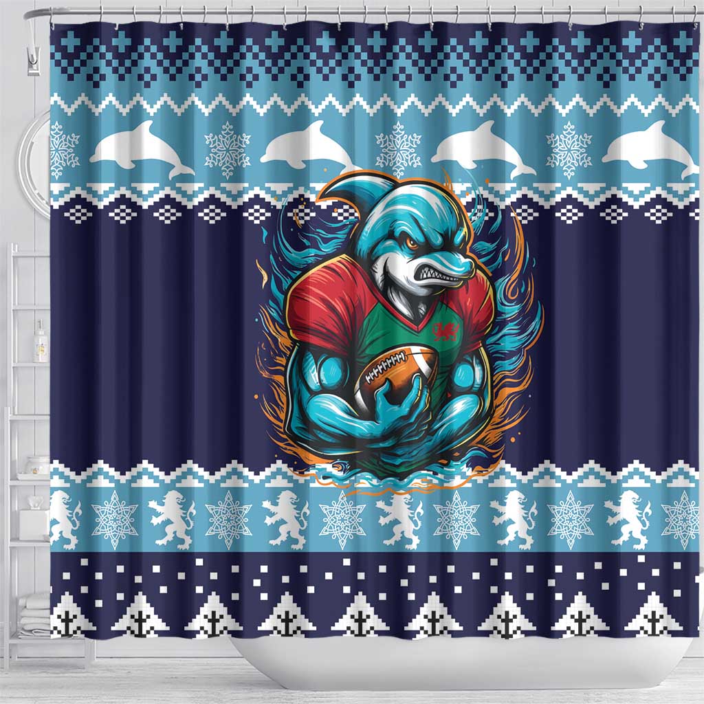 Cardiganshire Wales Christmas Shower Curtain Cardigan Bay Dolphin Rugby Design - Wonder Print Shop