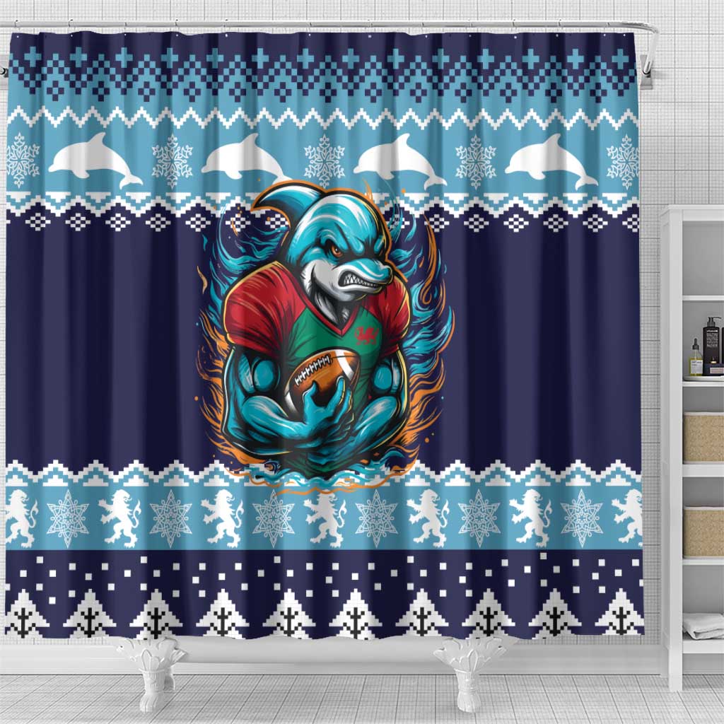 Cardiganshire Wales Christmas Shower Curtain Cardigan Bay Dolphin Rugby Design - Wonder Print Shop