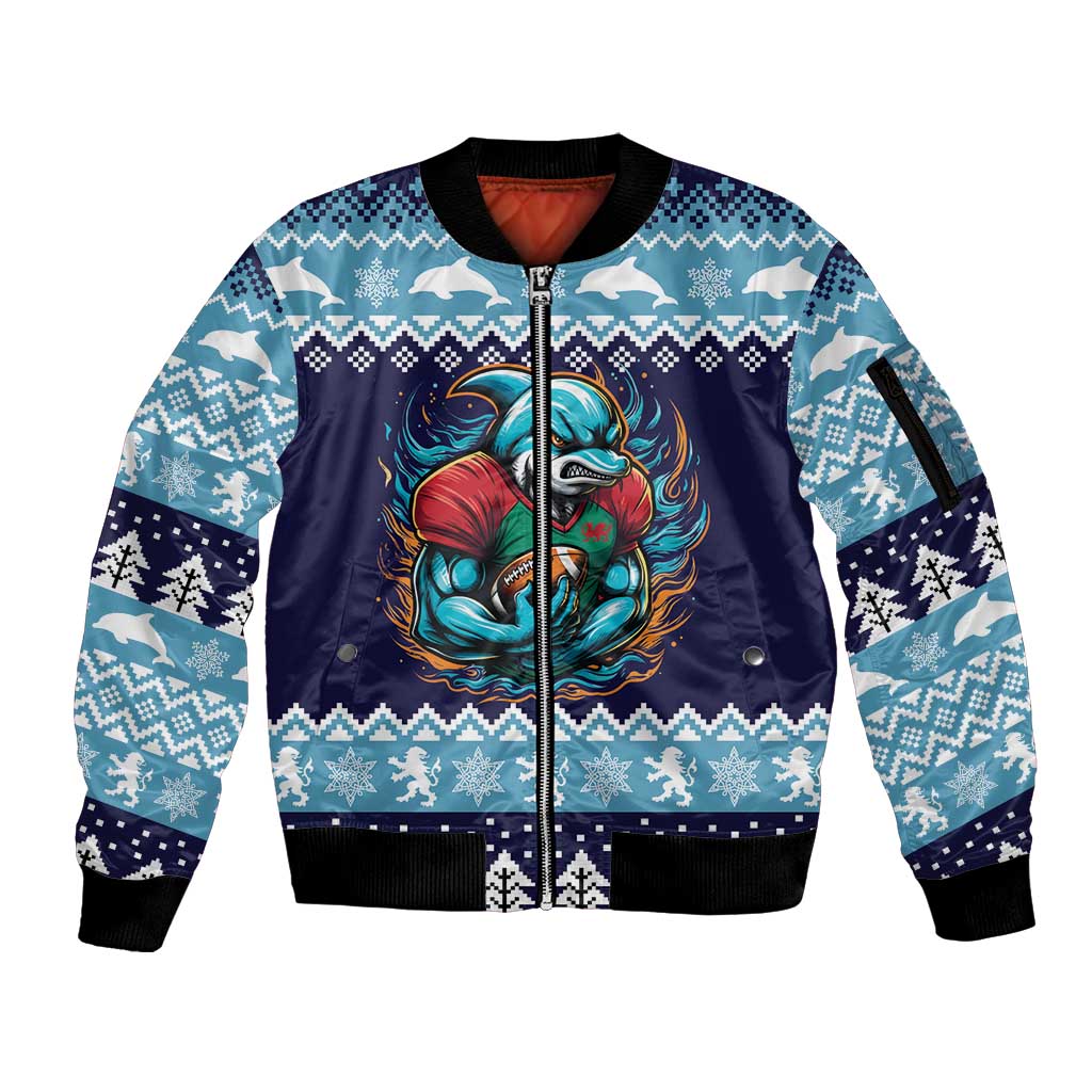 Cardiganshire Wales Christmas Sleeve Zip Bomber Jacket Cardigan Bay Dolphin Rugby Design - Wonder Print Shop