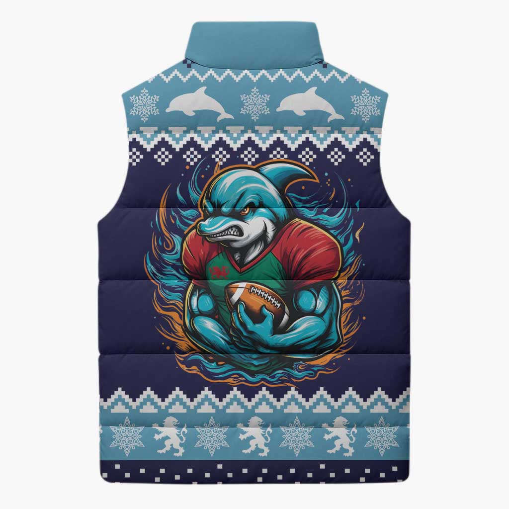 Cardiganshire Wales Christmas Sleeveless Puffer Jacket Cardigan Bay Dolphin Rugby Design - Wonder Print Shop