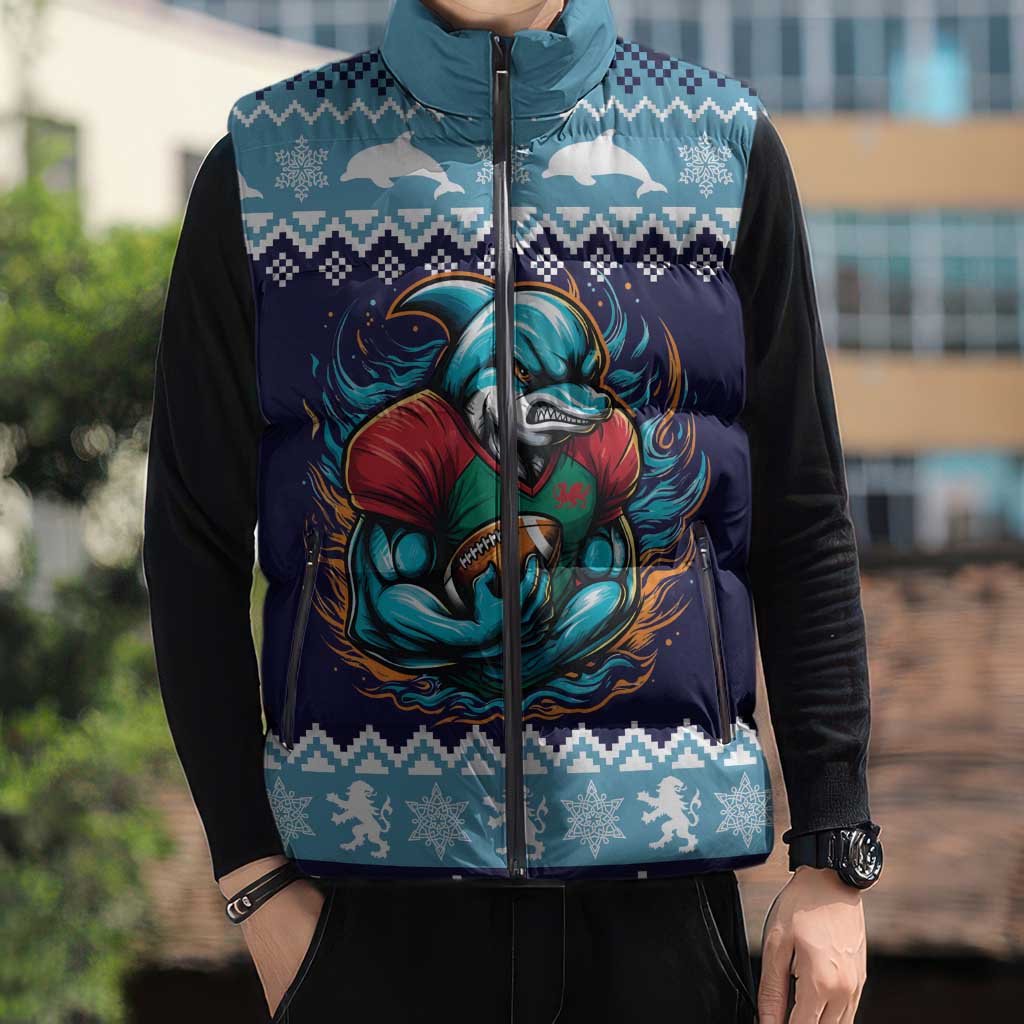 Cardiganshire Wales Christmas Sleeveless Puffer Jacket Cardigan Bay Dolphin Rugby Design - Wonder Print Shop