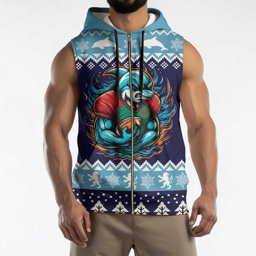 Cardiganshire Wales Christmas Sleeveless Zip Hoodie Cardigan Bay Dolphin Rugby Design - Wonder Print Shop