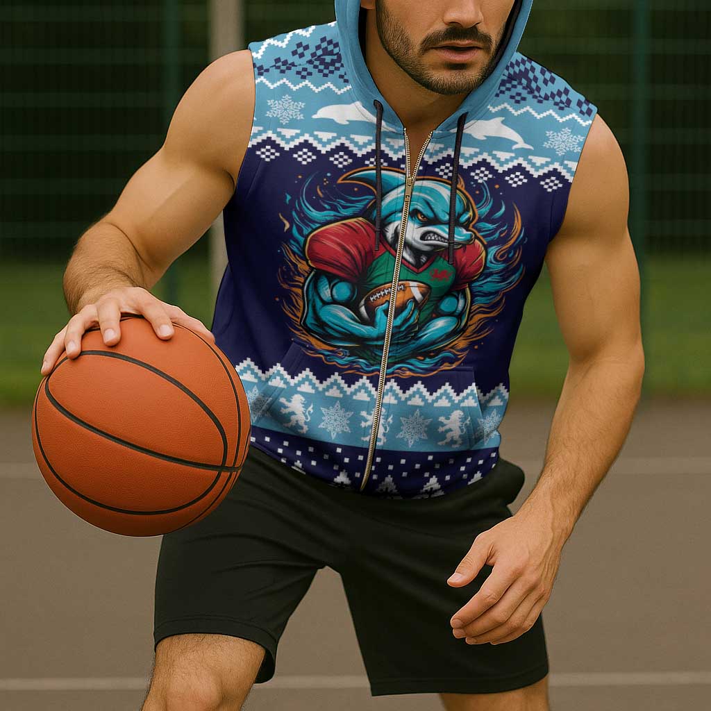 Cardiganshire Wales Christmas Sleeveless Zip Hoodie Cardigan Bay Dolphin Rugby Design - Wonder Print Shop