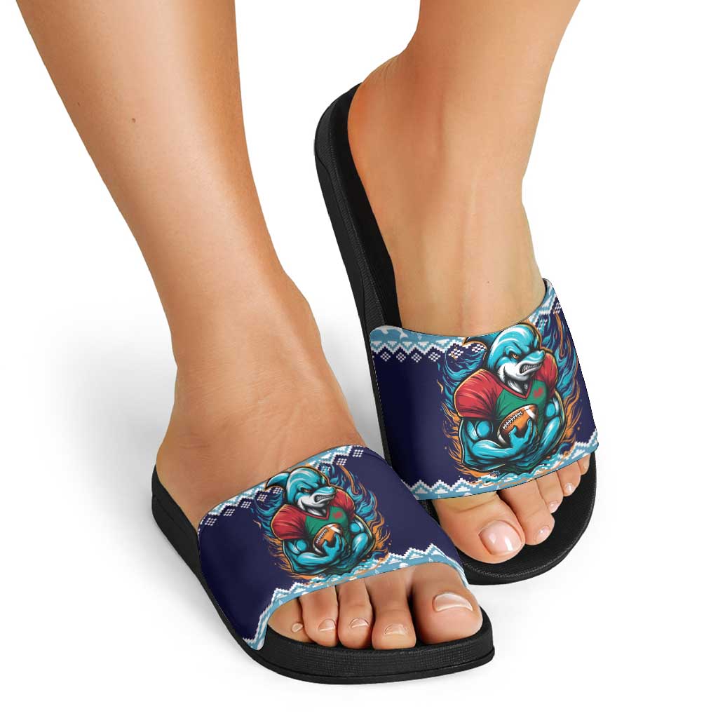 Cardiganshire Wales Christmas Slide Sandals Cardigan Bay Dolphin Rugby Design - Wonder Print Shop
