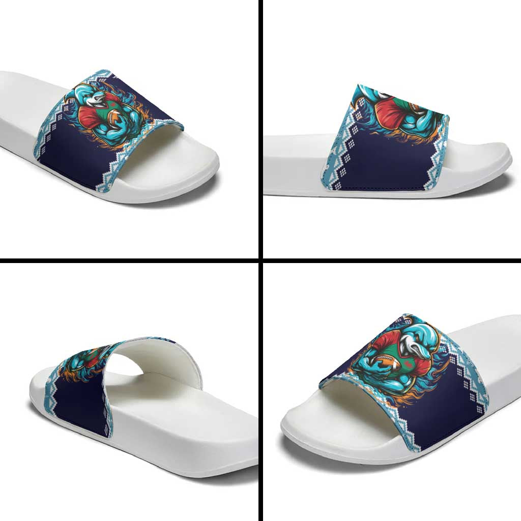 Cardiganshire Wales Christmas Slide Sandals Cardigan Bay Dolphin Rugby Design - Wonder Print Shop