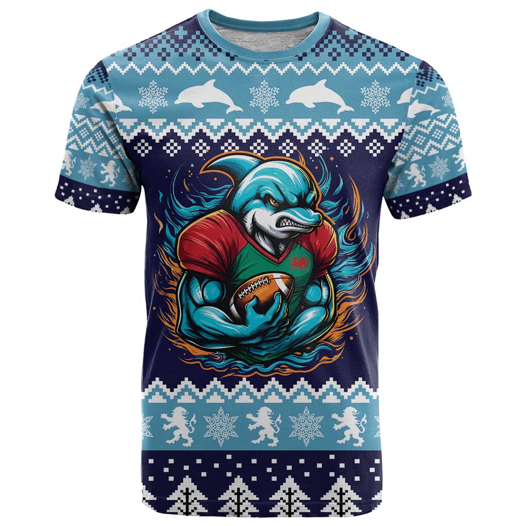 Cardiganshire Wales Christmas T Shirt Cardigan Bay Dolphin Rugby Design - Wonder Print Shop