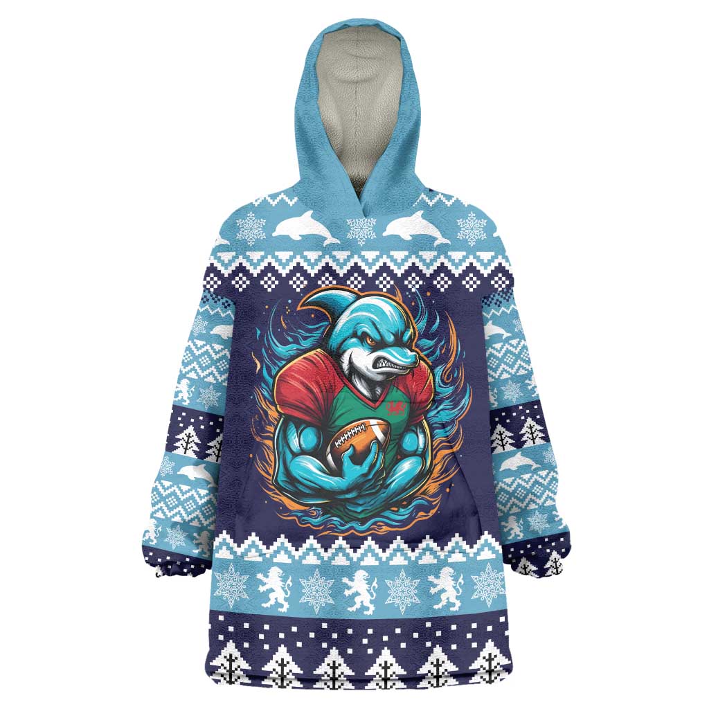Cardiganshire Wales Christmas Wearable Blanket Hoodie Cardigan Bay Dolphin Rugby Design - Wonder Print Shop