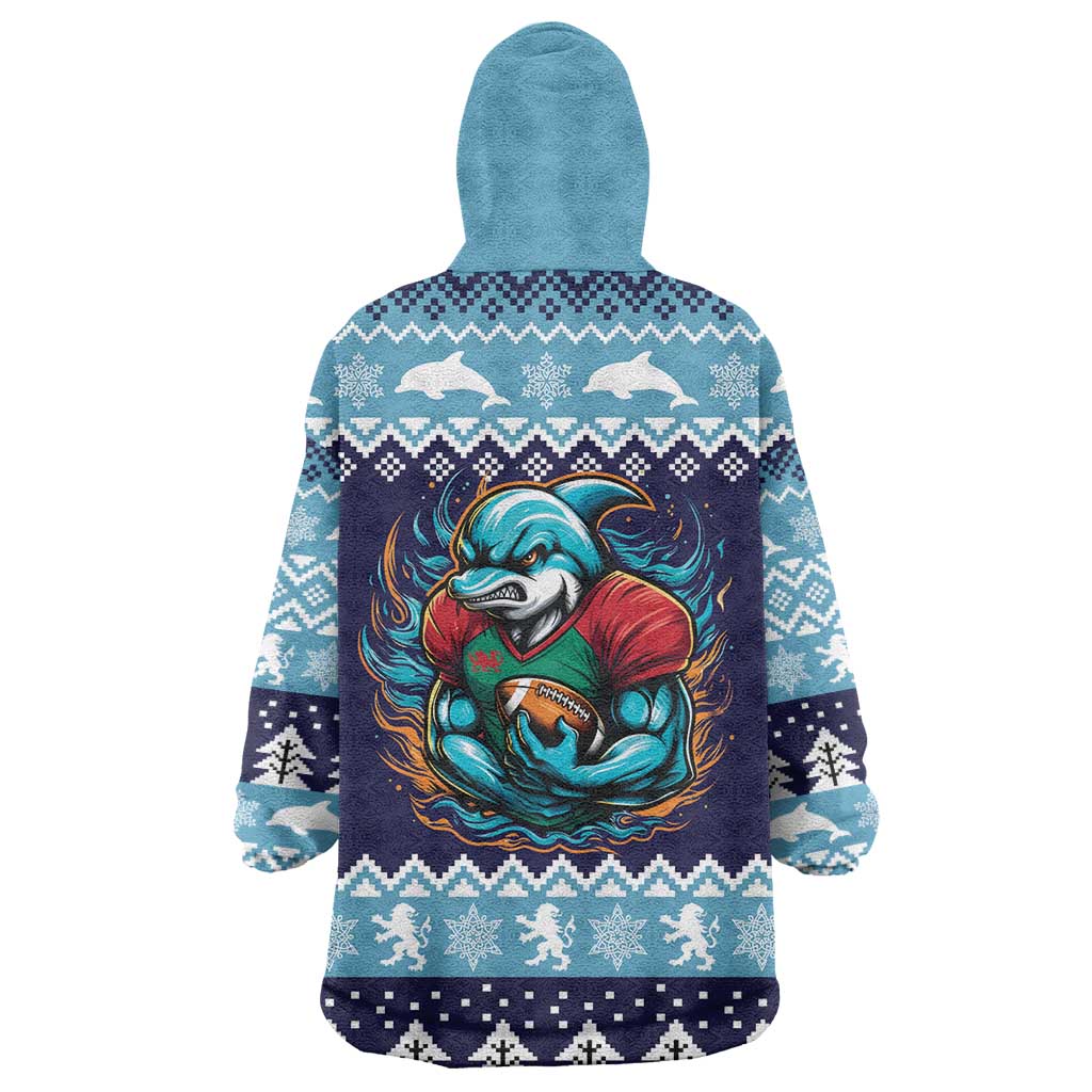 Cardiganshire Wales Christmas Wearable Blanket Hoodie Cardigan Bay Dolphin Rugby Design - Wonder Print Shop