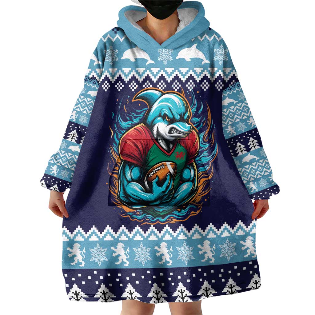 Cardiganshire Wales Christmas Wearable Blanket Hoodie Cardigan Bay Dolphin Rugby Design - Wonder Print Shop