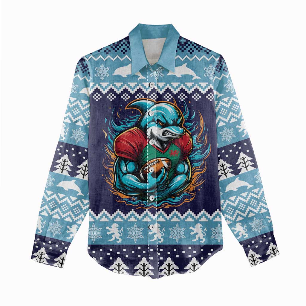 Cardiganshire Wales Christmas Women Casual Shirt Cardigan Bay Dolphin Rugby Design - Wonder Print Shop