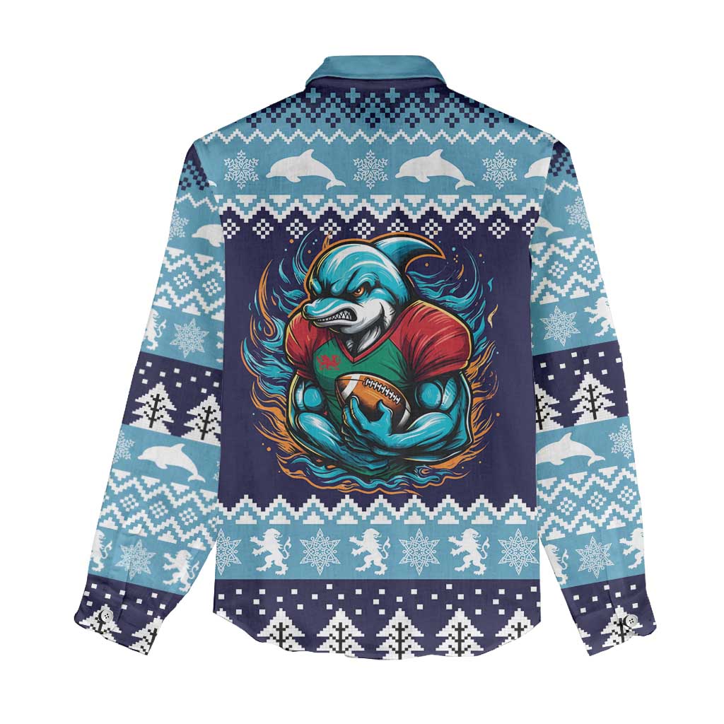 Cardiganshire Wales Christmas Women Casual Shirt Cardigan Bay Dolphin Rugby Design - Wonder Print Shop