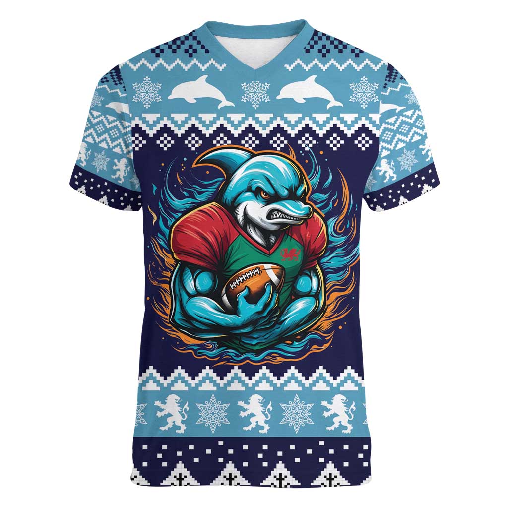 Cardiganshire Wales Christmas Women V-Neck T-Shirt Cardigan Bay Dolphin Rugby Design - Wonder Print Shop