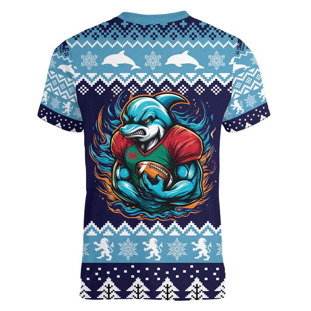 Cardiganshire Wales Christmas Women V-Neck T-Shirt Cardigan Bay Dolphin Rugby Design - Wonder Print Shop
