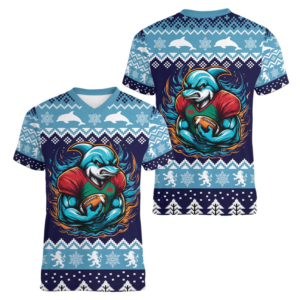 Cardiganshire Wales Christmas Women V-Neck T-Shirt Cardigan Bay Dolphin Rugby Design - Wonder Print Shop