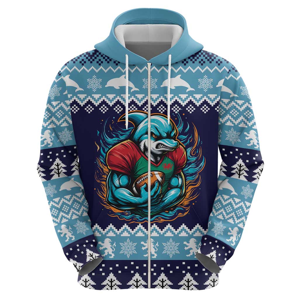 Cardiganshire Wales Christmas Zip Hoodie Cardigan Bay Dolphin Rugby Design - Wonder Print Shop