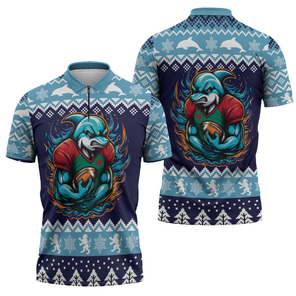 Cardiganshire Wales Christmas Zipper Polo Shirt Cardigan Bay Dolphin Rugby Design - Wonder Print Shop