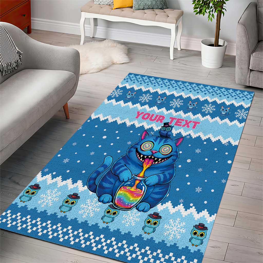 Personalized Trippy Catmas Area Rug Cute Blue Derpy Cat and Owl Companion - Wonder Print Shop