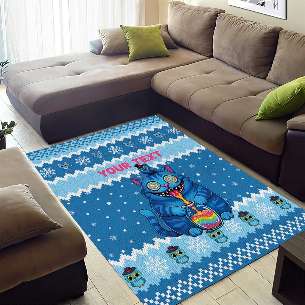 Personalized Trippy Catmas Area Rug Cute Blue Derpy Cat and Owl Companion - Wonder Print Shop