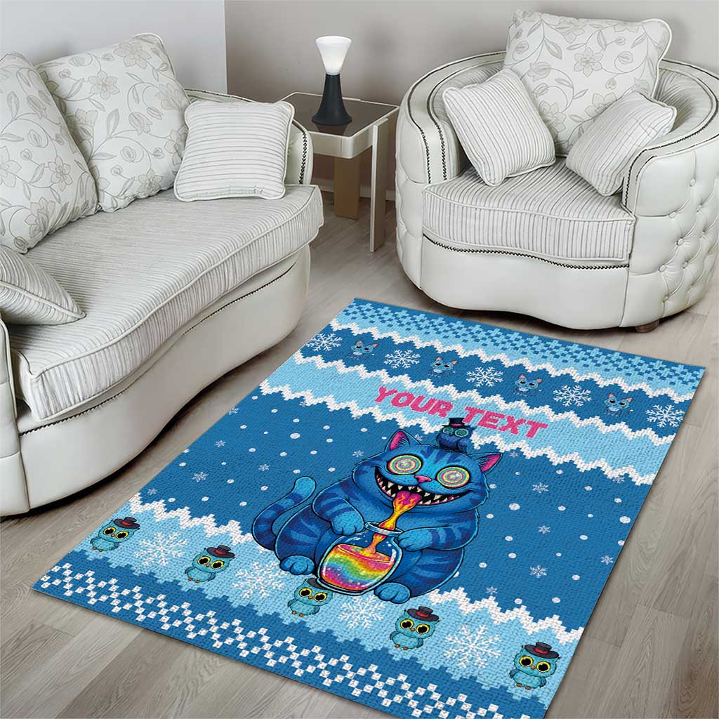 Personalized Trippy Catmas Area Rug Cute Blue Derpy Cat and Owl Companion - Wonder Print Shop