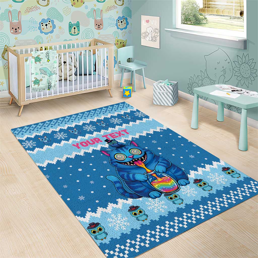 Personalized Trippy Catmas Area Rug Cute Blue Derpy Cat and Owl Companion - Wonder Print Shop