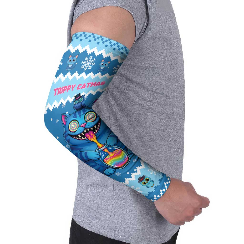 Personalized Trippy Catmas Arm Sleeves Cute Blue Derpy Cat and Owl Companion - Wonder Print Shop