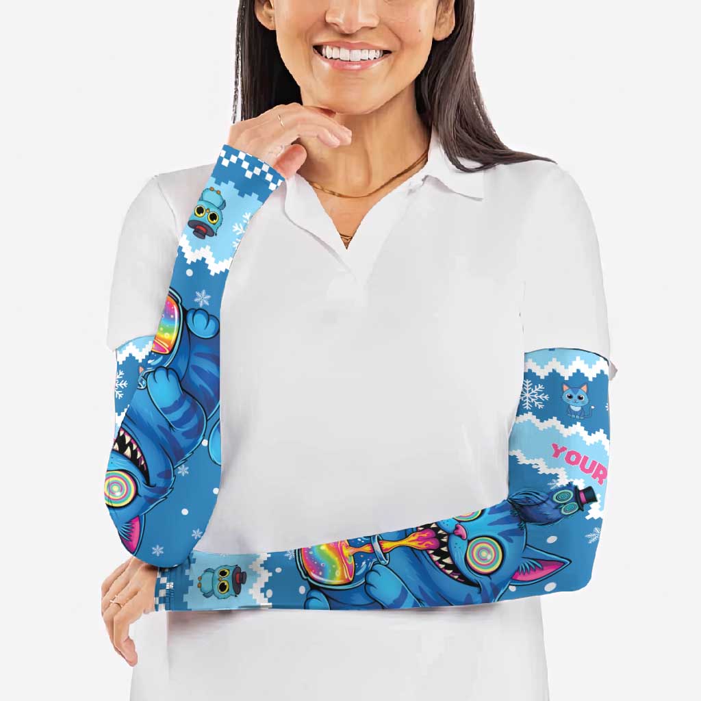Personalized Trippy Catmas Arm Sleeves Cute Blue Derpy Cat and Owl Companion - Wonder Print Shop