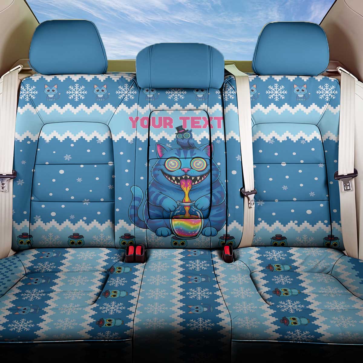 Personalized Trippy Catmas Back Car Seat Cover Cute Blue Derpy Cat and Owl Companion - Wonder Print Shop