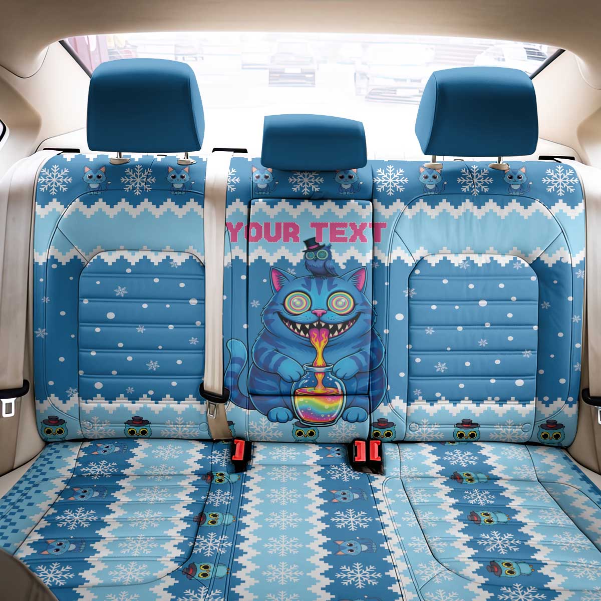 Personalized Trippy Catmas Back Car Seat Cover Cute Blue Derpy Cat and Owl Companion - Wonder Print Shop