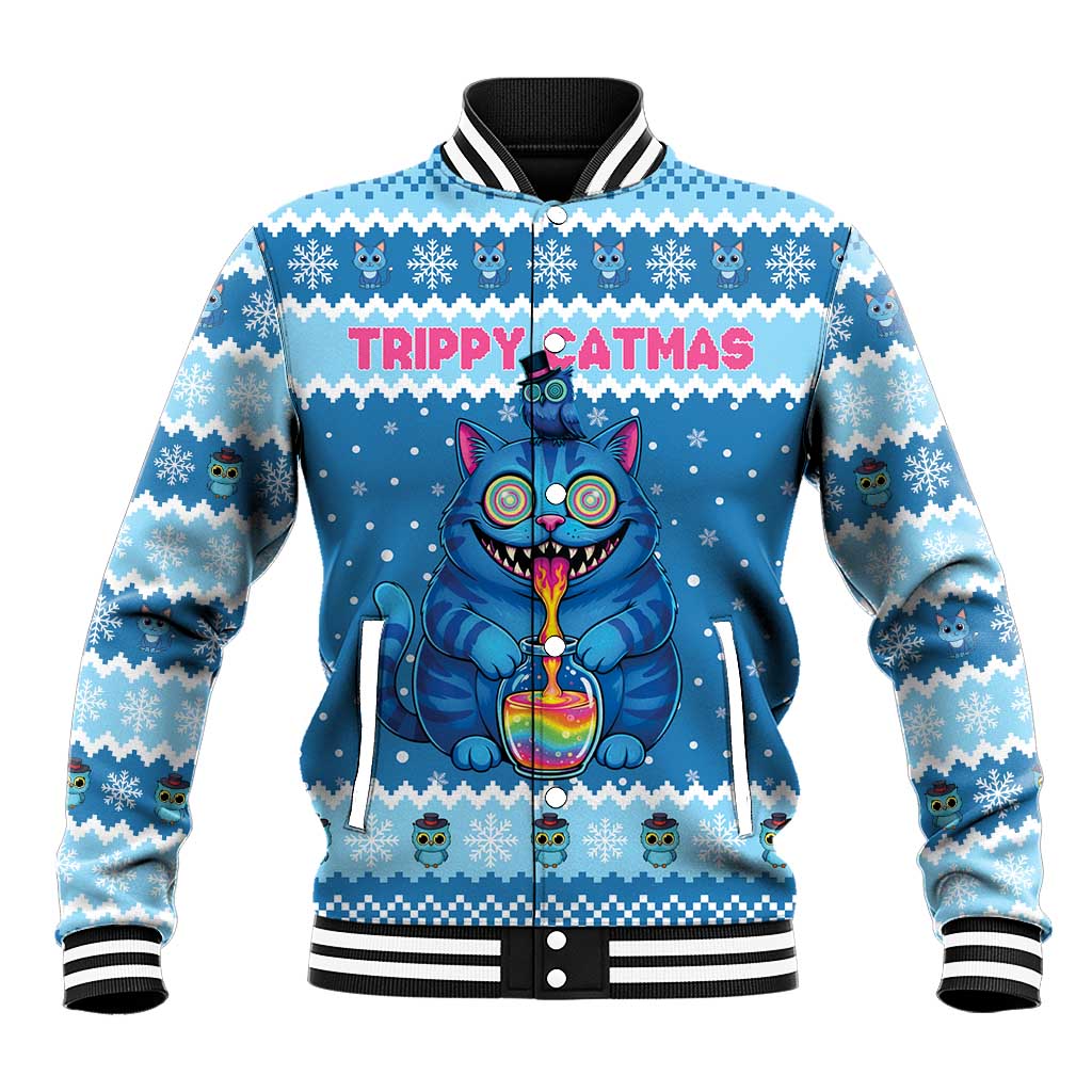 Personalized Trippy Catmas Baseball Jacket Cute Blue Derpy Cat and Owl Companion - Wonder Print Shop
