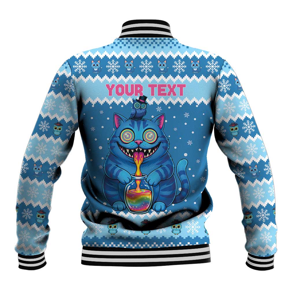 Personalized Trippy Catmas Baseball Jacket Cute Blue Derpy Cat and Owl Companion - Wonder Print Shop