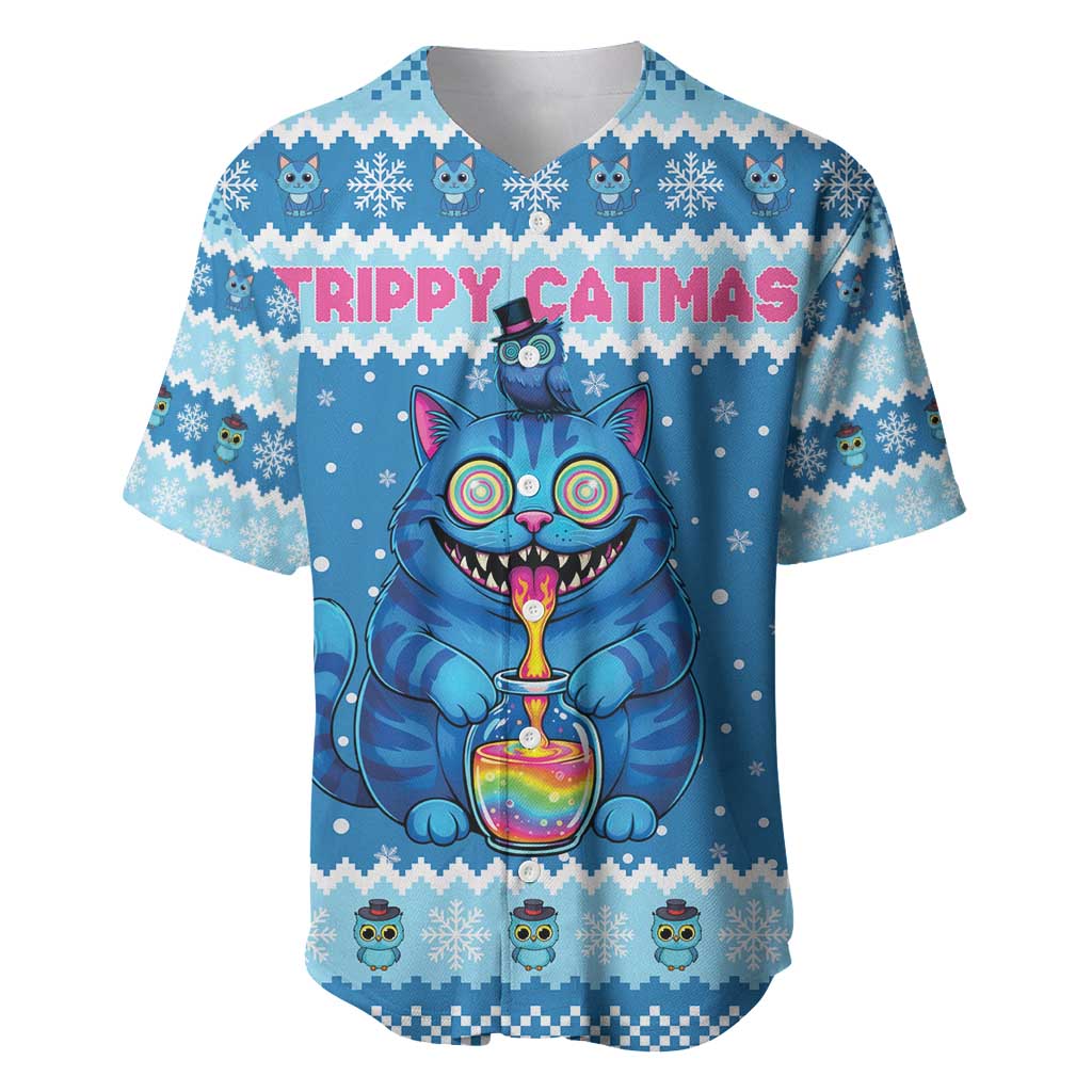 Personalized Trippy Catmas Baseball Jersey Cute Blue Derpy Cat and Owl Companion - Wonder Print Shop
