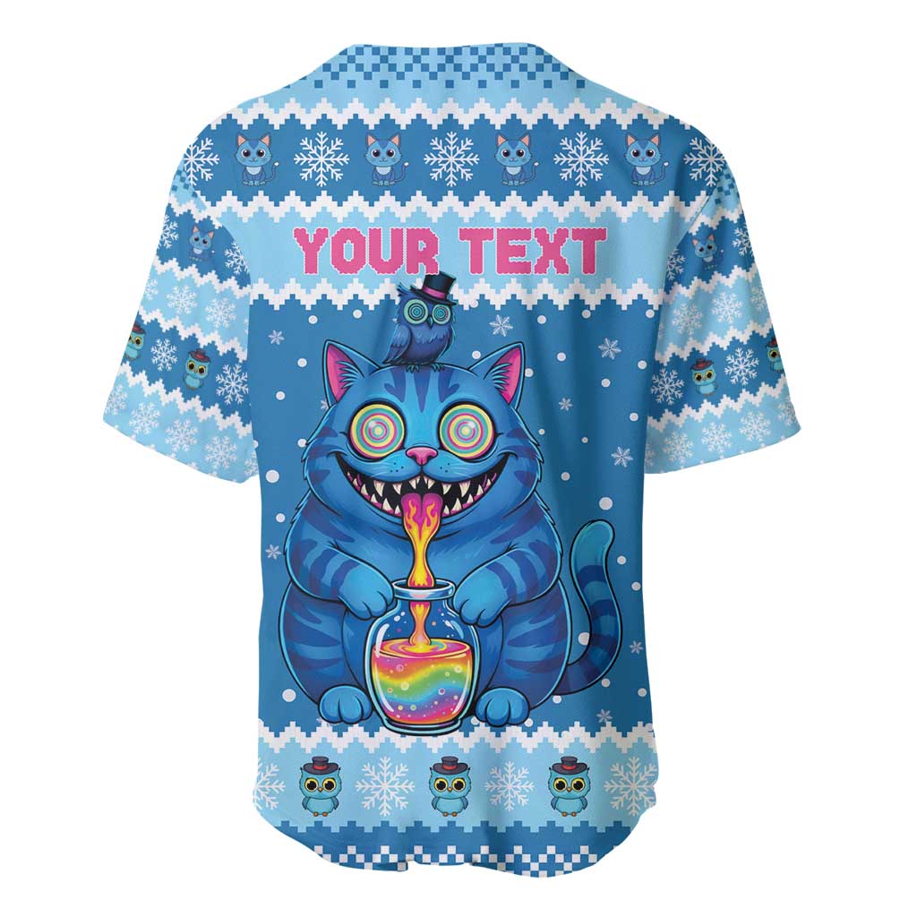 Personalized Trippy Catmas Baseball Jersey Cute Blue Derpy Cat and Owl Companion - Wonder Print Shop