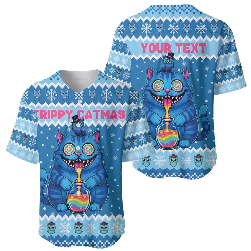 Personalized Trippy Catmas Baseball Jersey Cute Blue Derpy Cat and Owl Companion - Wonder Print Shop