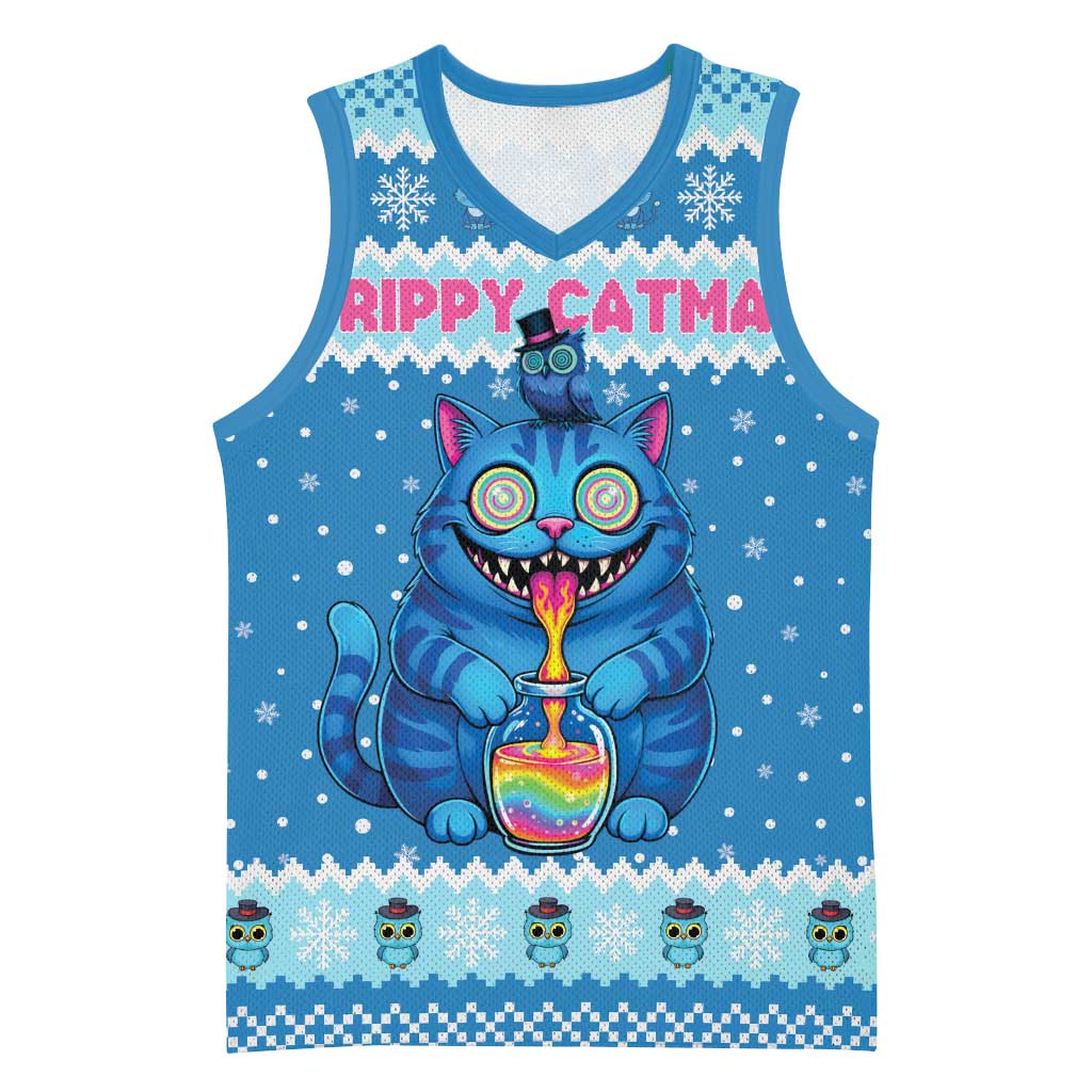 Personalized Trippy Catmas Basketball Jersey Cute Blue Derpy Cat and Owl Companion - Wonder Print Shop