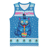 Personalized Trippy Catmas Basketball Jersey Cute Blue Derpy Cat and Owl Companion - Wonder Print Shop