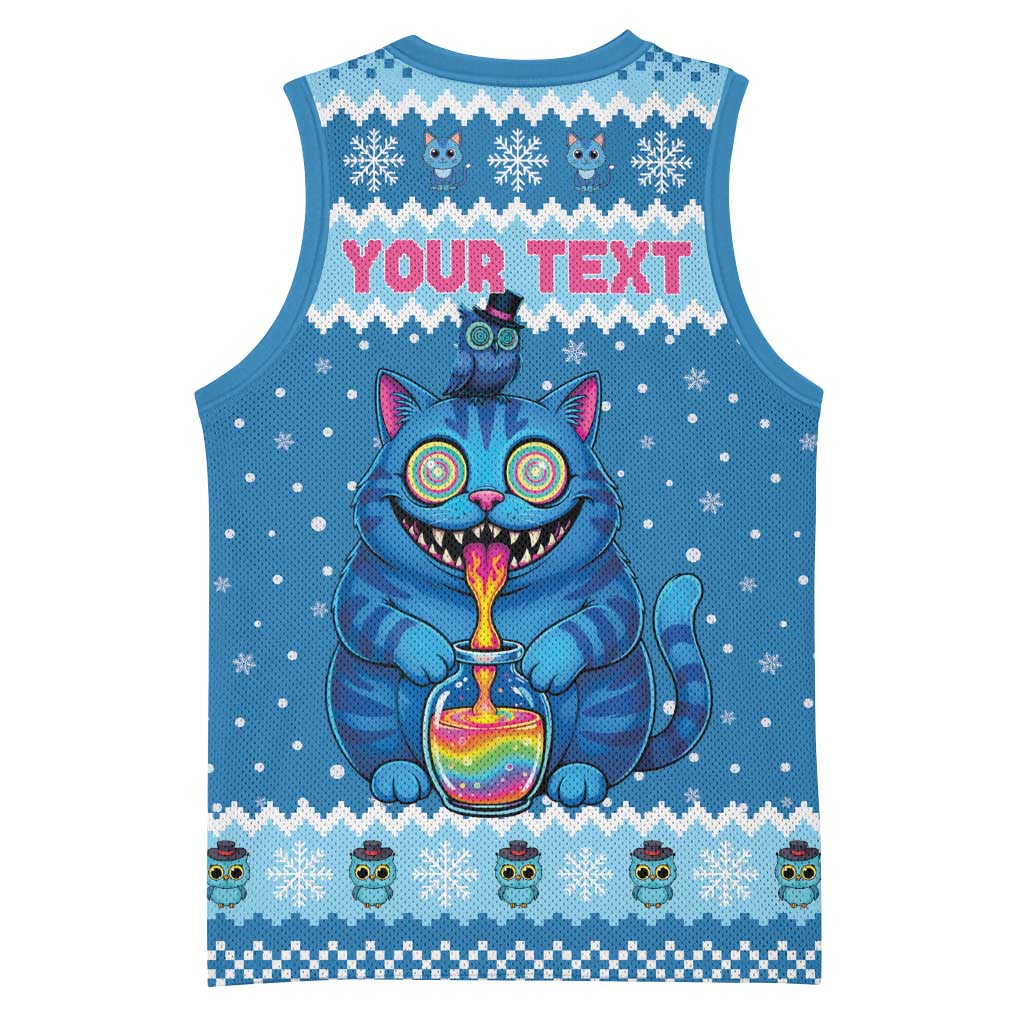 Personalized Trippy Catmas Basketball Jersey Cute Blue Derpy Cat and Owl Companion - Wonder Print Shop
