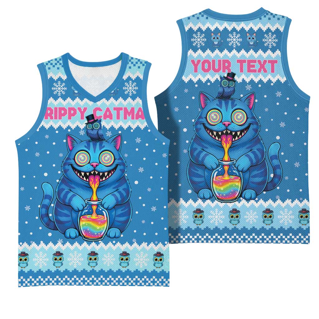 Personalized Trippy Catmas Basketball Jersey Cute Blue Derpy Cat and Owl Companion - Wonder Print Shop