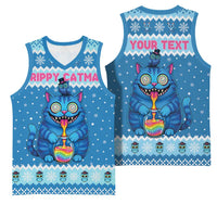 Personalized Trippy Catmas Basketball Jersey Cute Blue Derpy Cat and Owl Companion - Wonder Print Shop