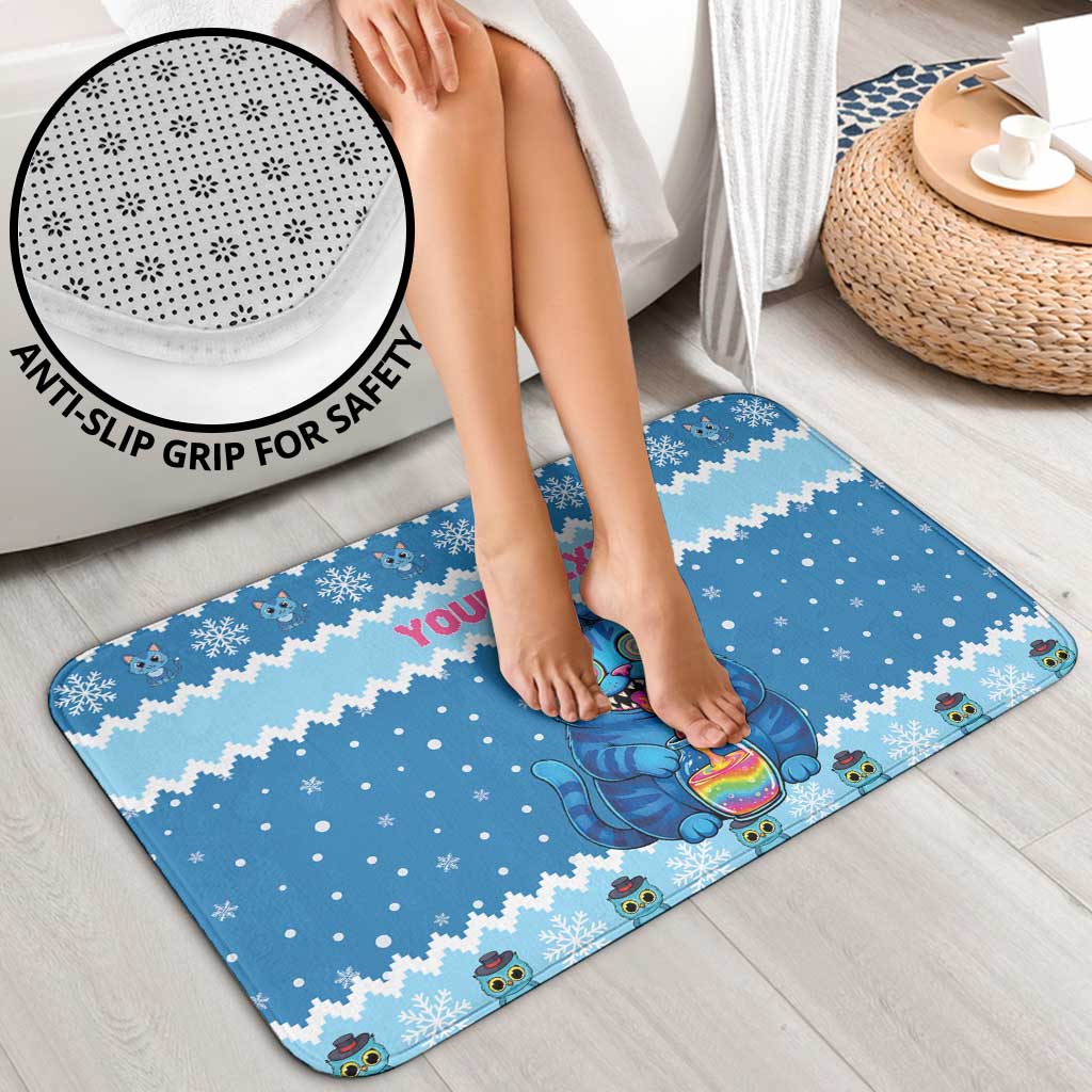 Personalized Trippy Catmas Bathroom Set Cute Blue Derpy Cat and Owl Companion - Wonder Print Shop